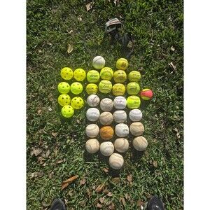Lot of 27 Mixed Softballs & Hitaway Softball Training Aide (Dudley, Rawlings)